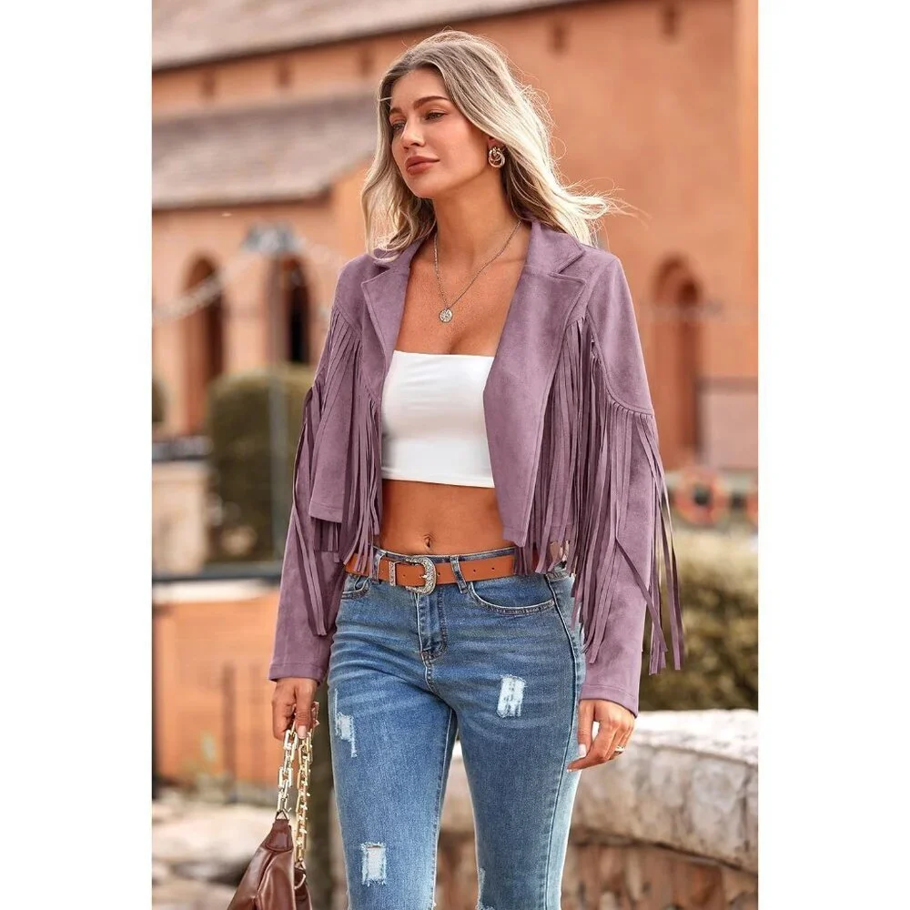 Women's Purple Fringe Faux Suede Leather Tassel Motorcycle Cropped Jackets - Picture 9 of 9